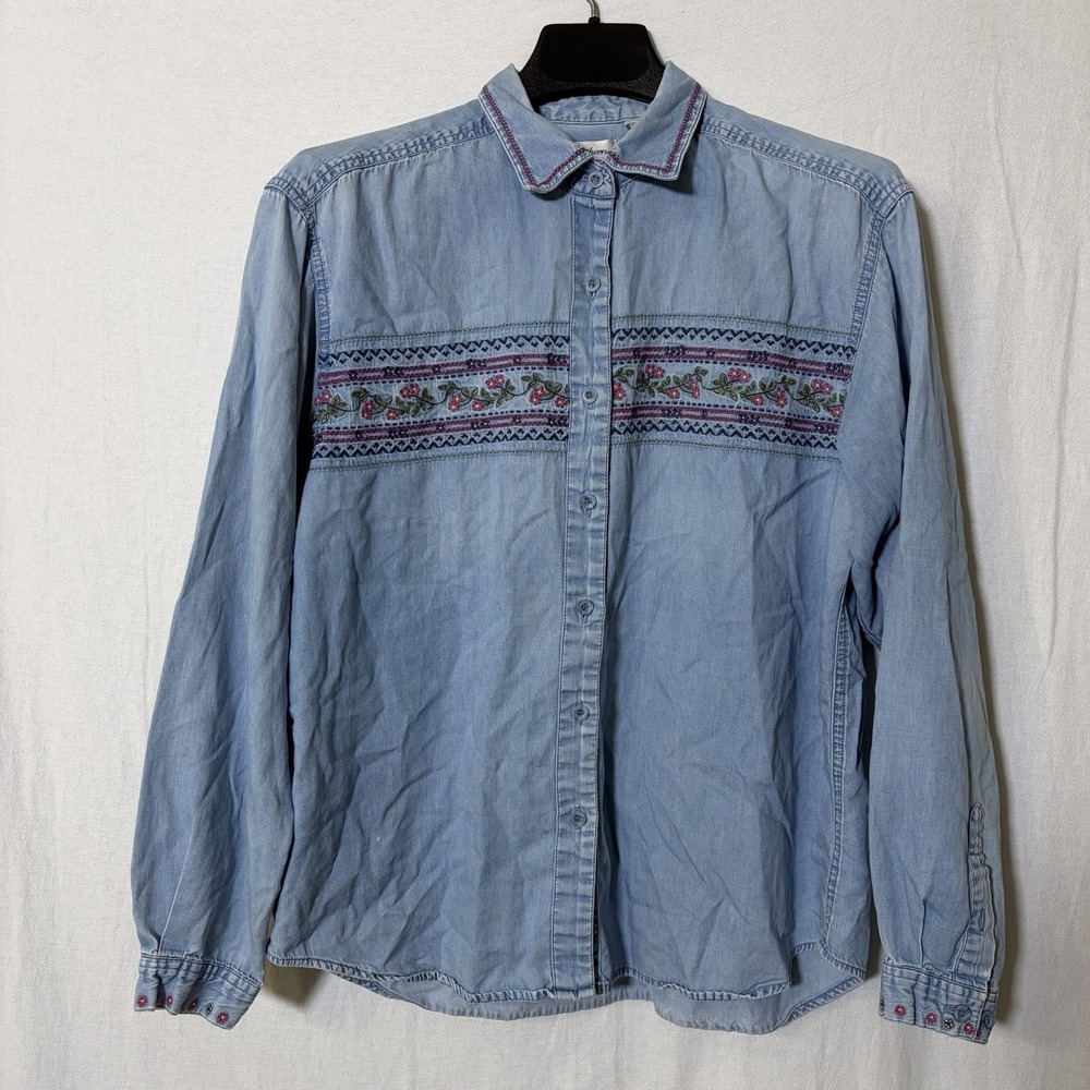Women Denim Top Grandma Core Floral Embroidered Long Sleeve Shirt M 100% Cotton